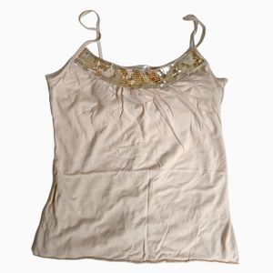 Beige tank gold sequin trim shelf bra Old Navy S